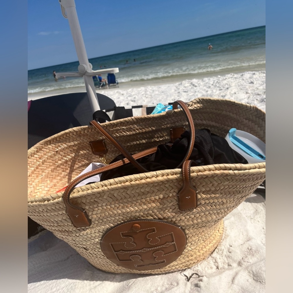 Tory Burch XL Tan Woven Tote Bag with Leather Details